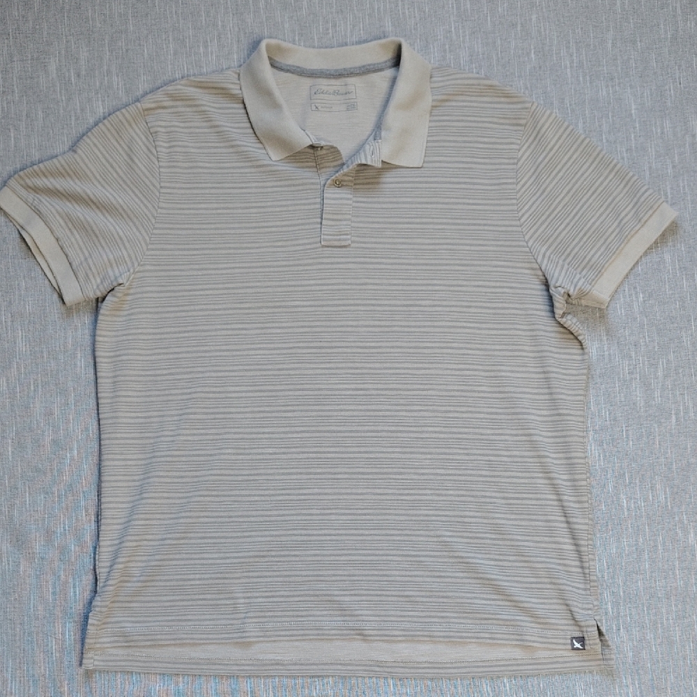 Eddie Bauer Striped Polo Shirt Size 2XL XXL‎ Gray Short Sleeve Golf Shirt Hiking